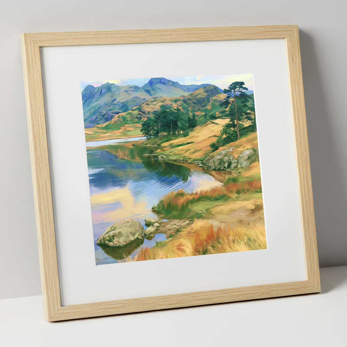 Pine Copse by the Fellside Lake lake district lake art print in natural frame