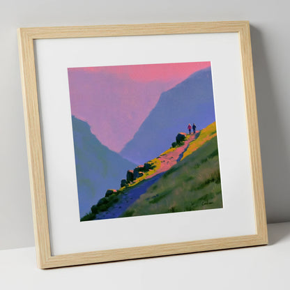 Walkers on a Vivid Mountain Path lake district walking art print in natural frame