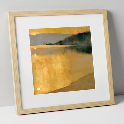 Golden Sunrise on the Lake lake district lake art print in natural frame