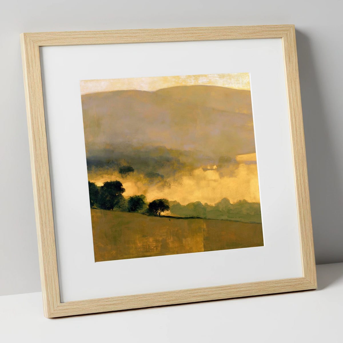 Golden Valley Mist at Dawn lake district sky art print in natural frame