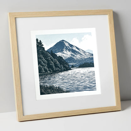 Catbells in Slate and Navy lake district fell art print in natural frame