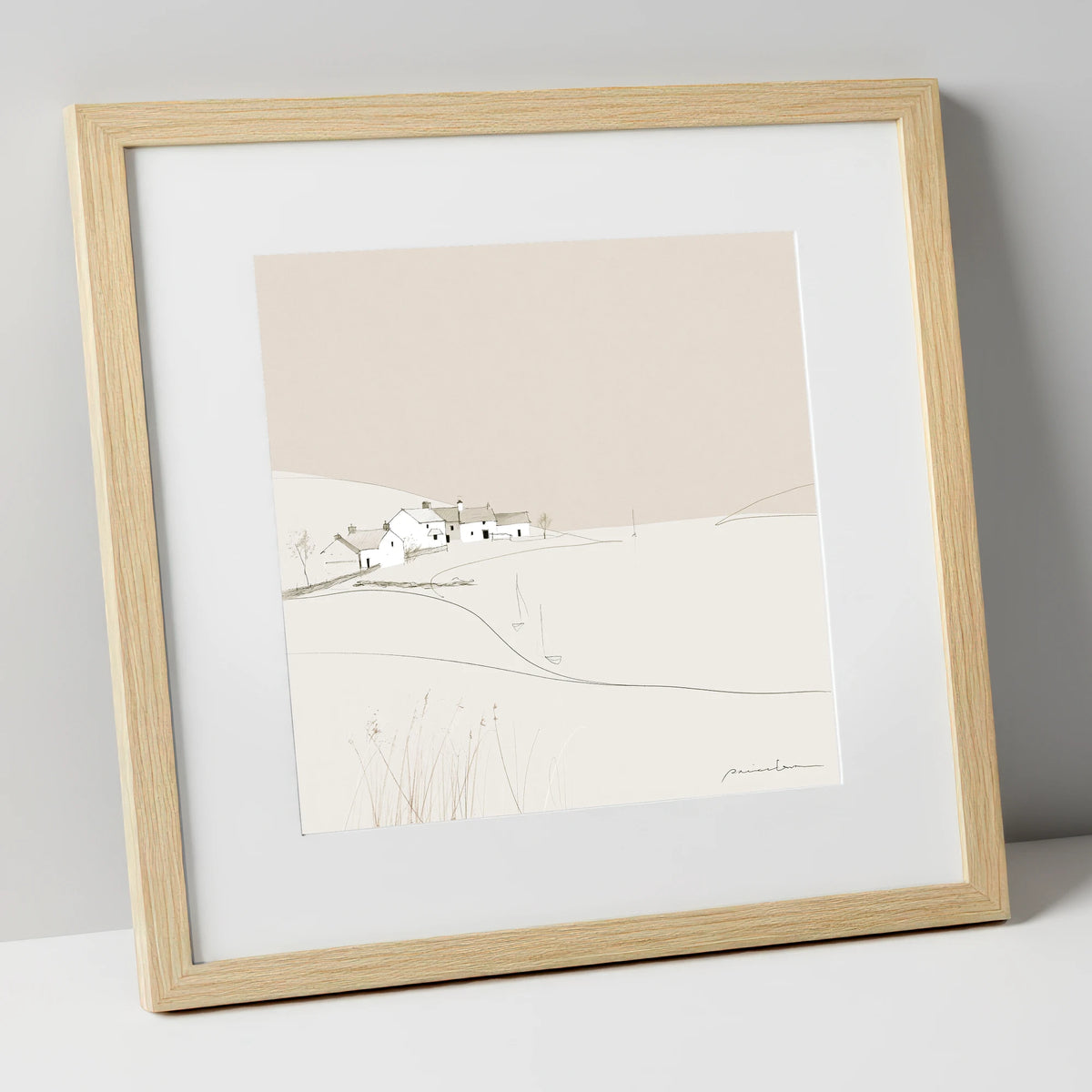 Minimalist White Lakeside Village lake district village art print in natural frame