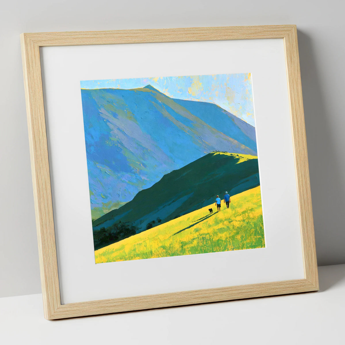 Sunlit Dog Walk Below Blencathra gifts for dog walkers art print in natural frame