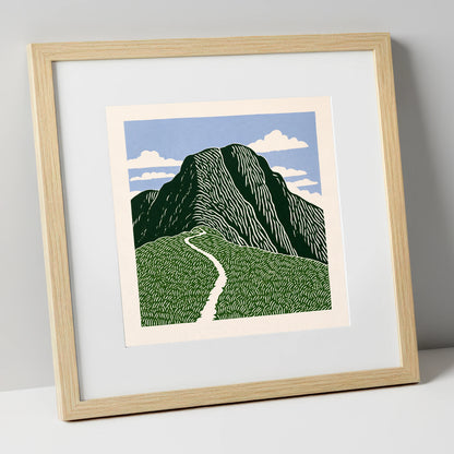 Graphic Scafell Pike Mountain Path lake district fell art print in natural frame