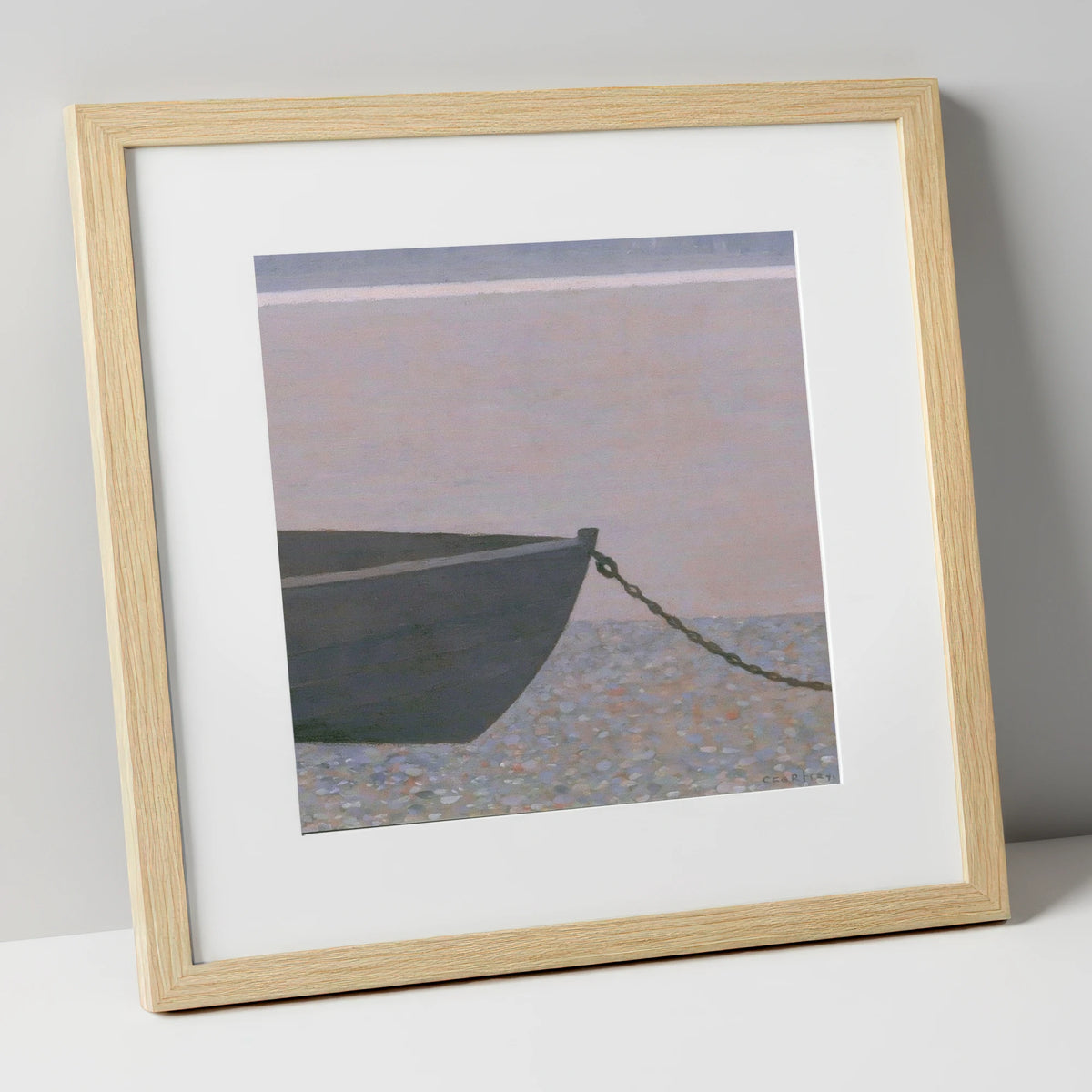 Windermere Boat on Pebble Shore lake district lake art print in natural frame