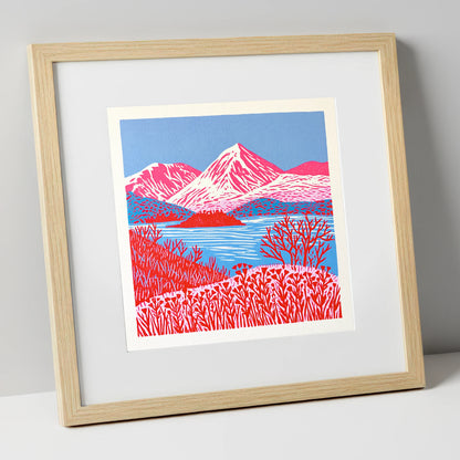 Vibrant Red Catbells Landscape lake district fell art print in natural frame