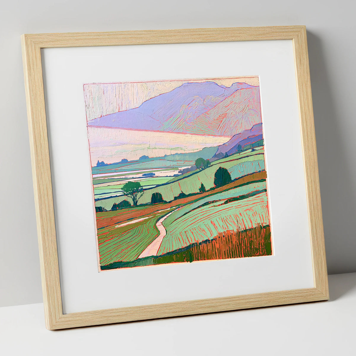 Pastel Mist Over Valley Fields lake district sky art print in natural frame