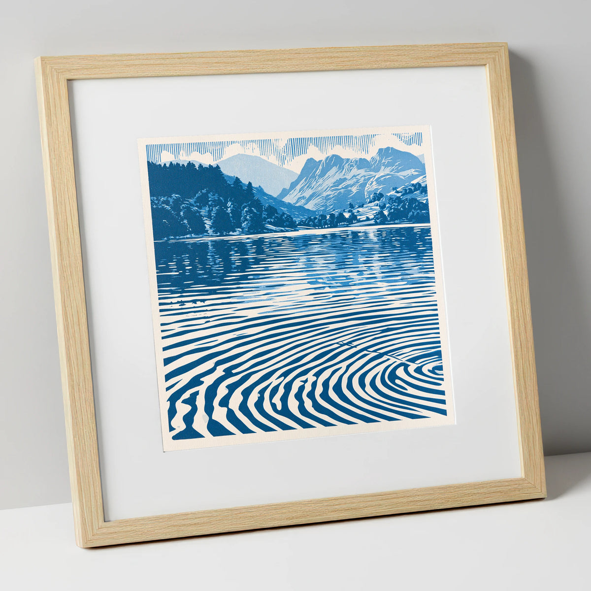 Cobalt Blue Lake at Dawn lake district lake art print in natural frame
