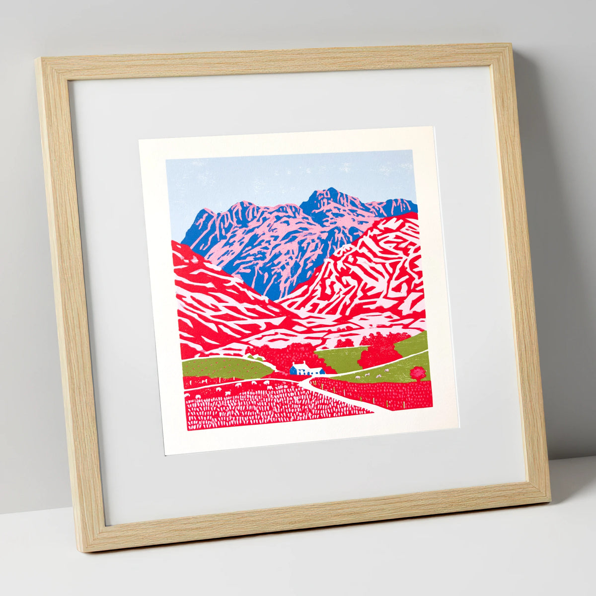 Vibrant Great Langdale Fells lake district valley art print in natural frame