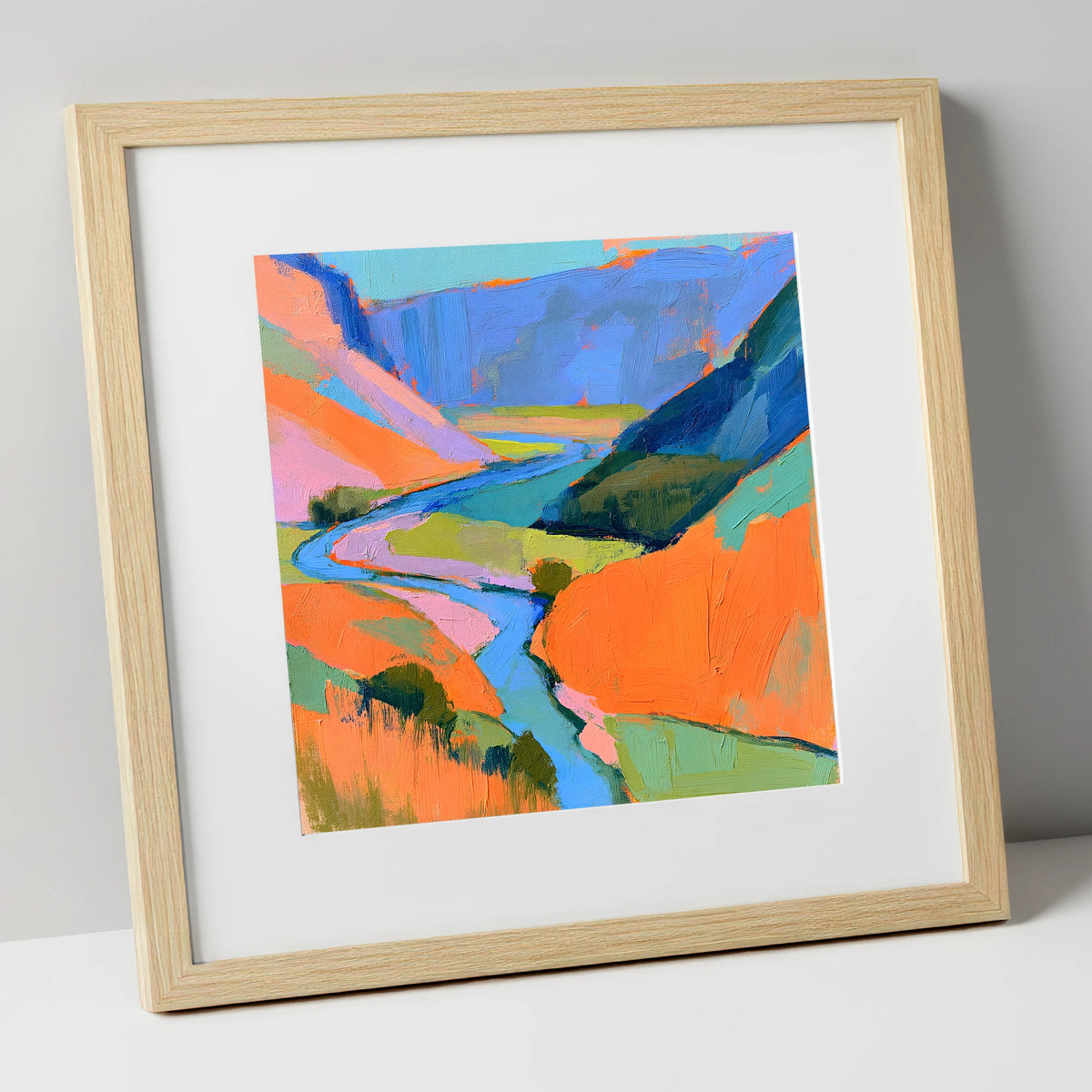 Bold Winding River Valley lake district waterfall art print in natural frame