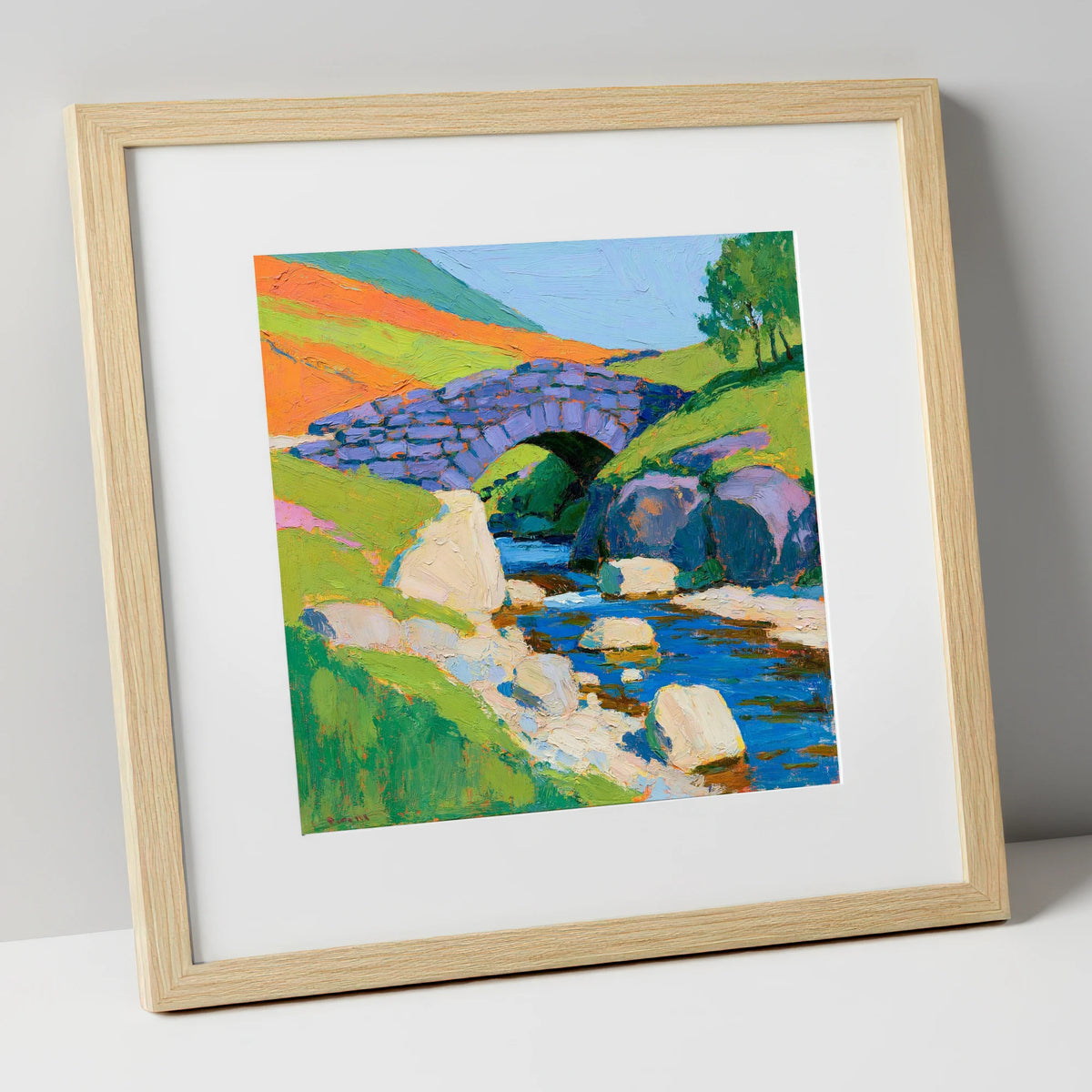 Vibrant Stone Bridge Over Beck lake district waterfall art print in natural frame
