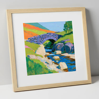 Vibrant Stone Bridge Over Beck lake district waterfall art print in natural frame