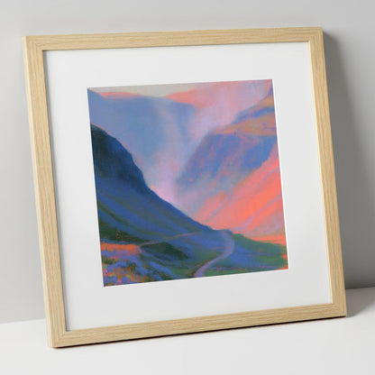Winding Mountain Pass at Twilight lake district valley art print in natural frame