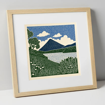 Catbells Peak in Deep Blue lake district fell art print in natural frame