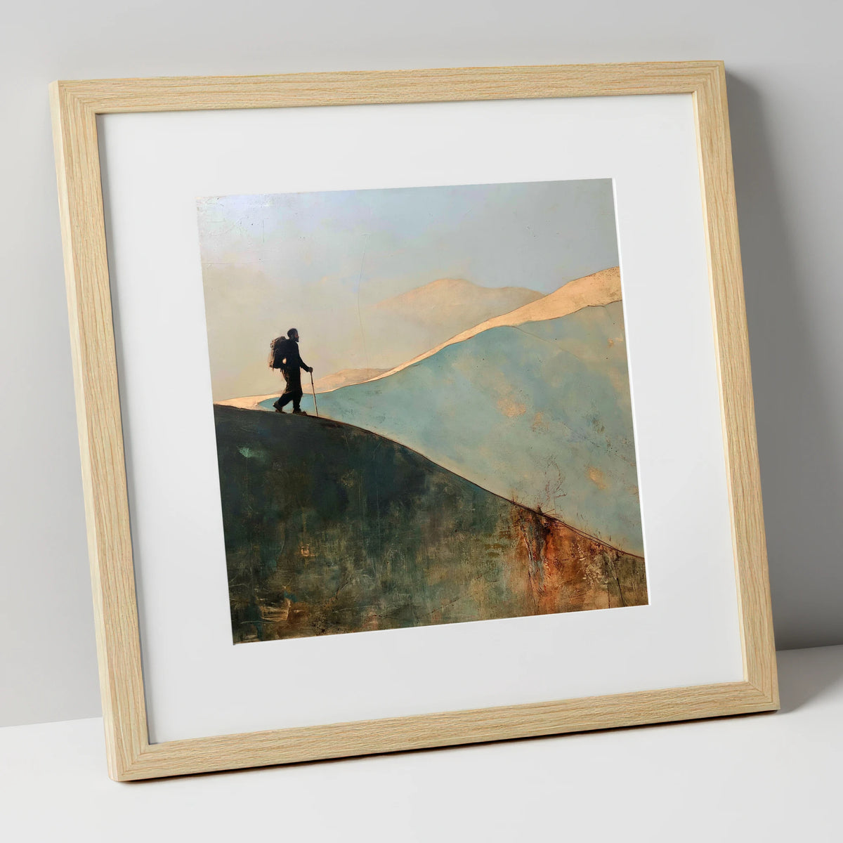 Silhouette Walker on Fell Ridge lake district walking art print in natural frame