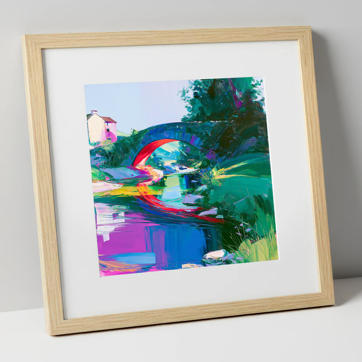 Vivid Stone Bridge Over Beck lake district waterfall art print in natural frame