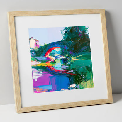 Vivid Stone Bridge Over Beck lake district waterfall art print in natural frame