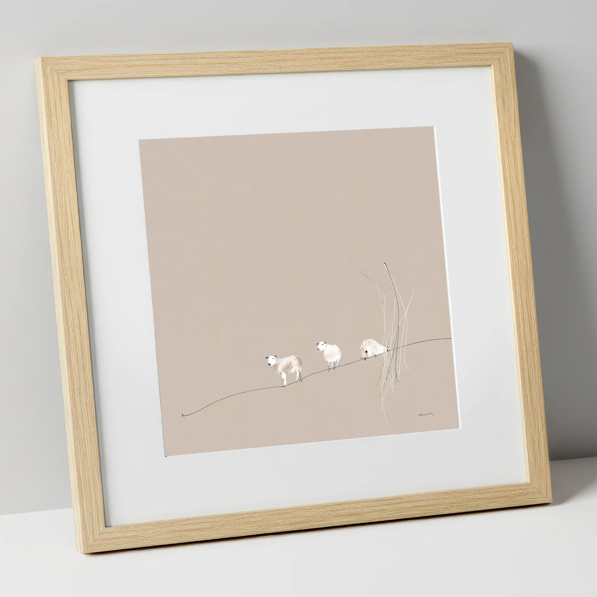 Minimalist Herdwicks on a Fellside lake district wildlife art print in natural frame