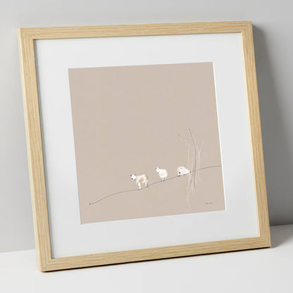 Minimalist Herdwicks on a Fellside lake district wildlife art print in natural frame