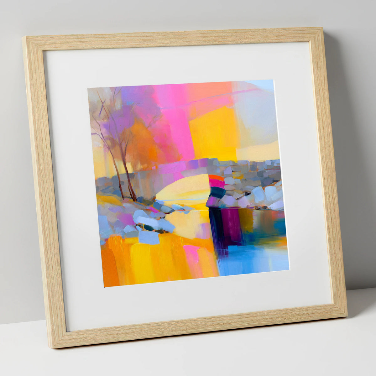 Stone Bridge Under Fuchsia Sky lake district waterfall art print in natural frame