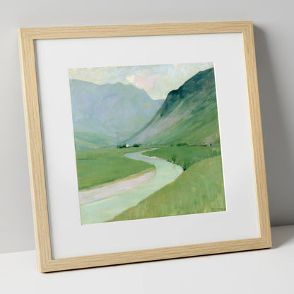 Winding River Below Pastel Fells lake district waterfall art print in natural frame