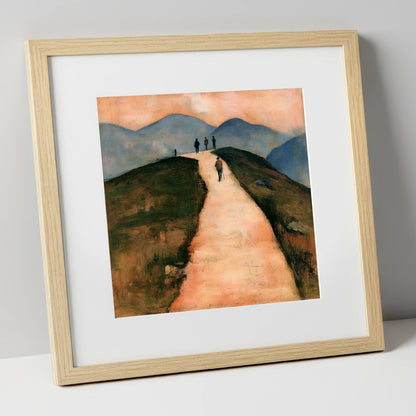 Walkers on a Warm Mountain Path lake district walking art print in natural frame