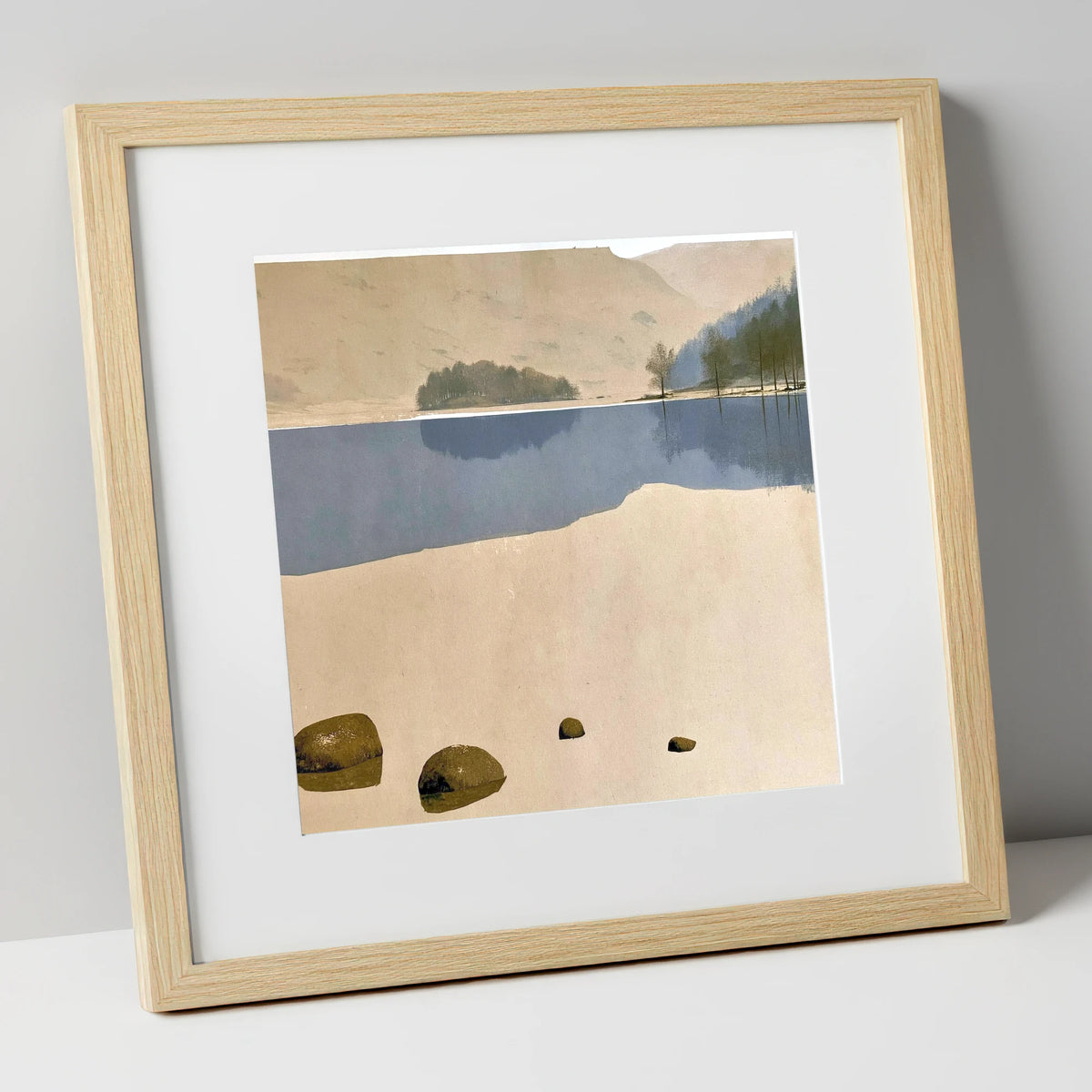 Mossy Boulders at Rydal Water lake district lake art print in natural frame