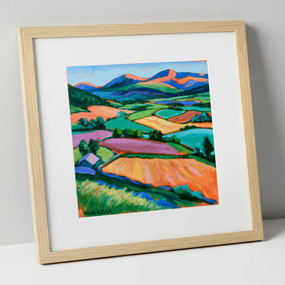 Vibrant Patchwork Fields in a Dale lake district valley art print in natural frame