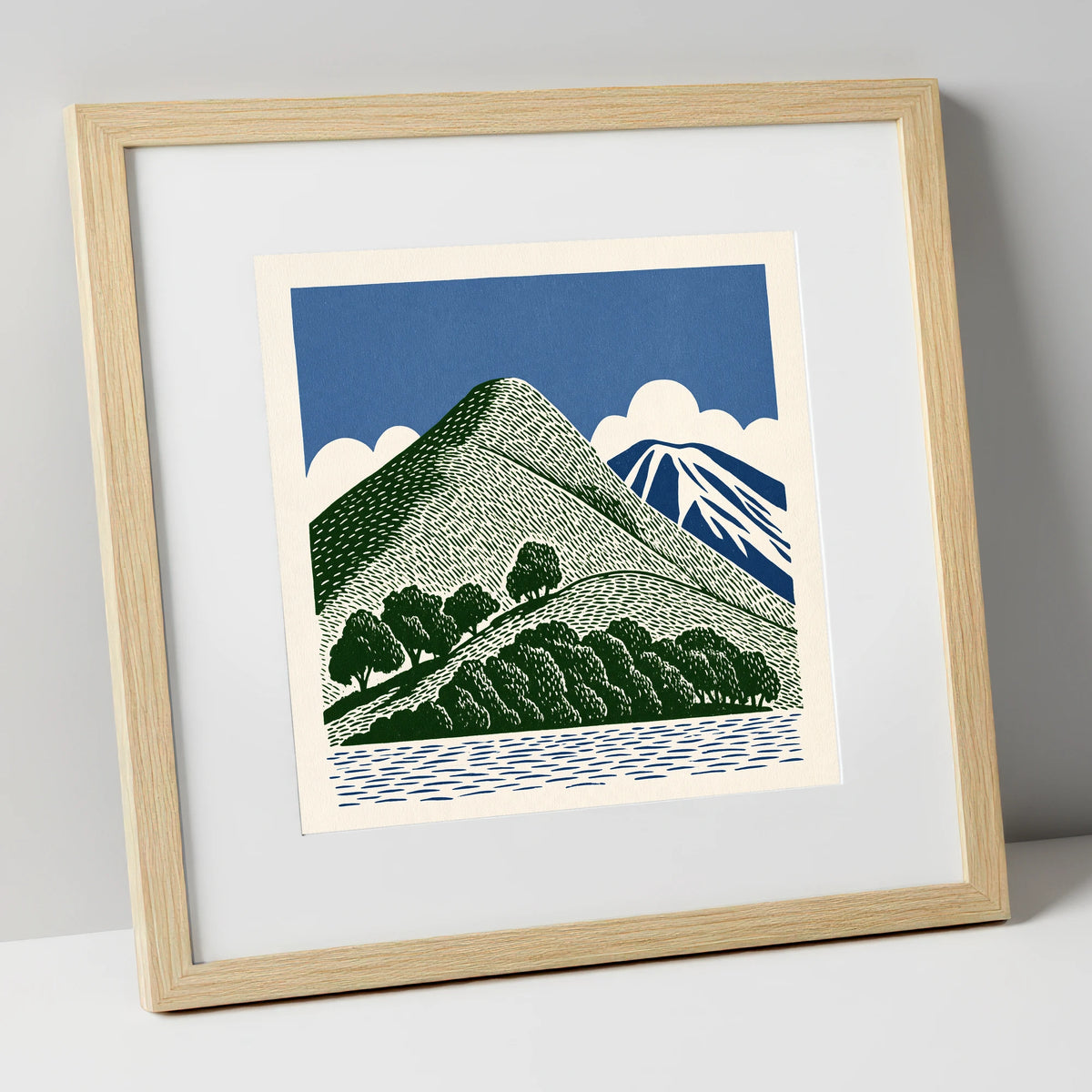 Catbells in Green and Navy lake district fell art print in natural frame