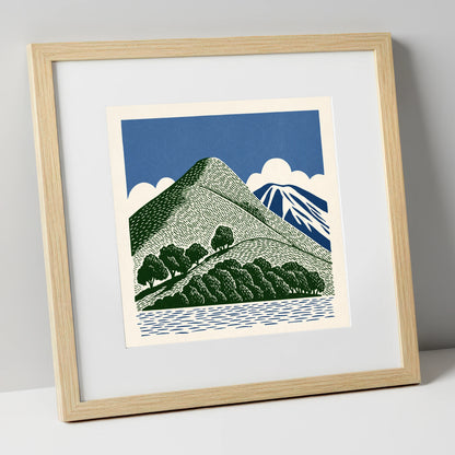 Catbells in Green and Navy lake district fell art print in natural frame