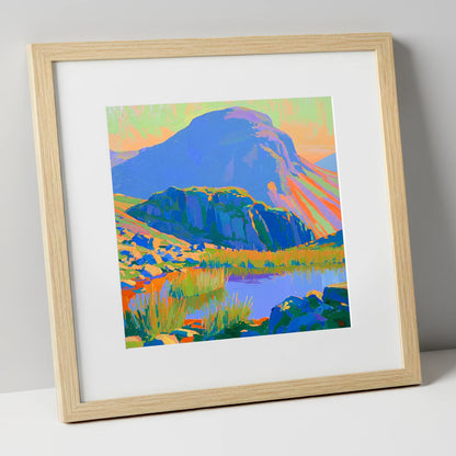 Vibrant Light on Haystacks Tarn lake district fell art print in natural frame