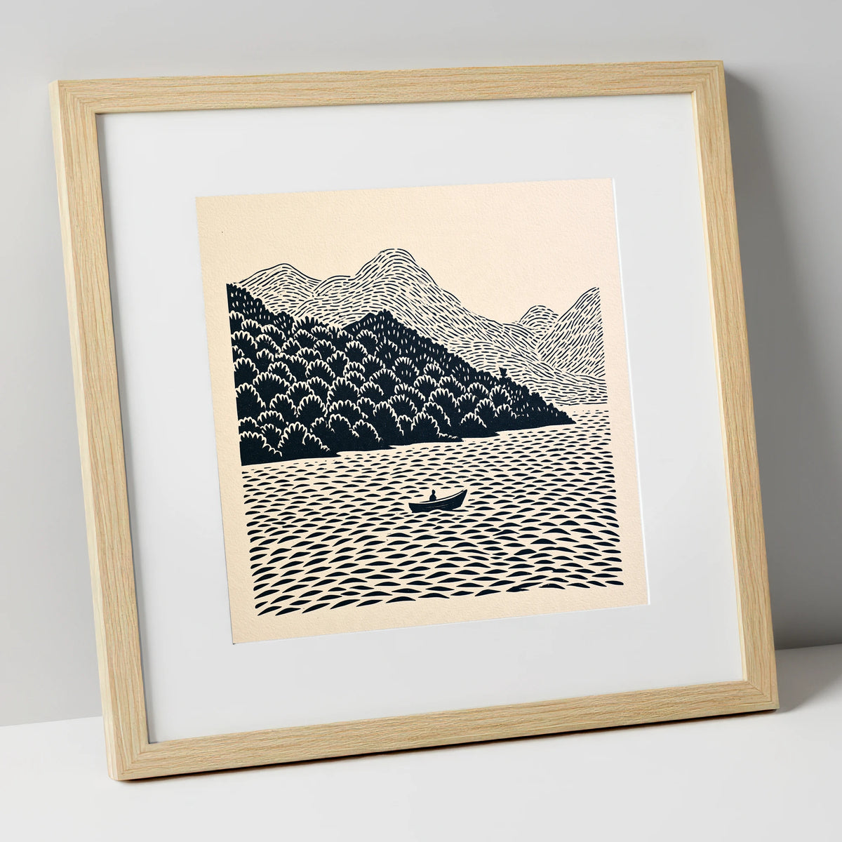 Rowing Boat Beneath Coniston Fells lake district lake art print in natural frame