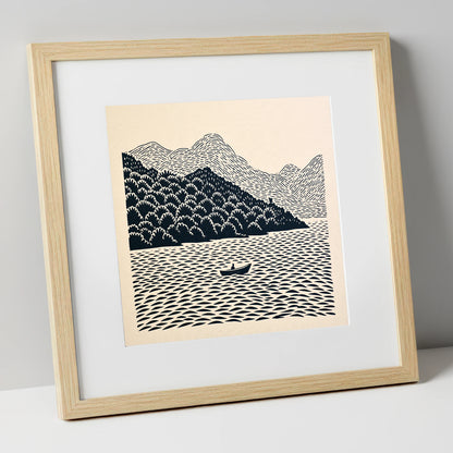 Rowing Boat Beneath Coniston Fells lake district lake art print in natural frame