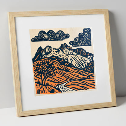 Langdale Pikes in Navy and Orange lake district fell art print in natural frame