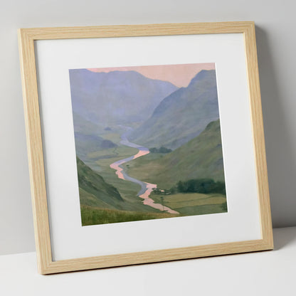 Winding River Valley at Dusk lake district waterfall art print in natural frame
