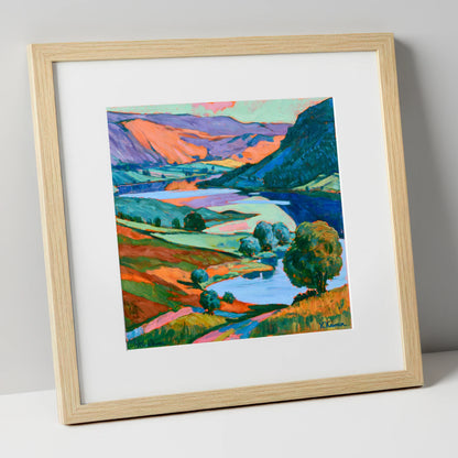 Vibrant Fells and Winding Lake lake district lake art print in natural frame