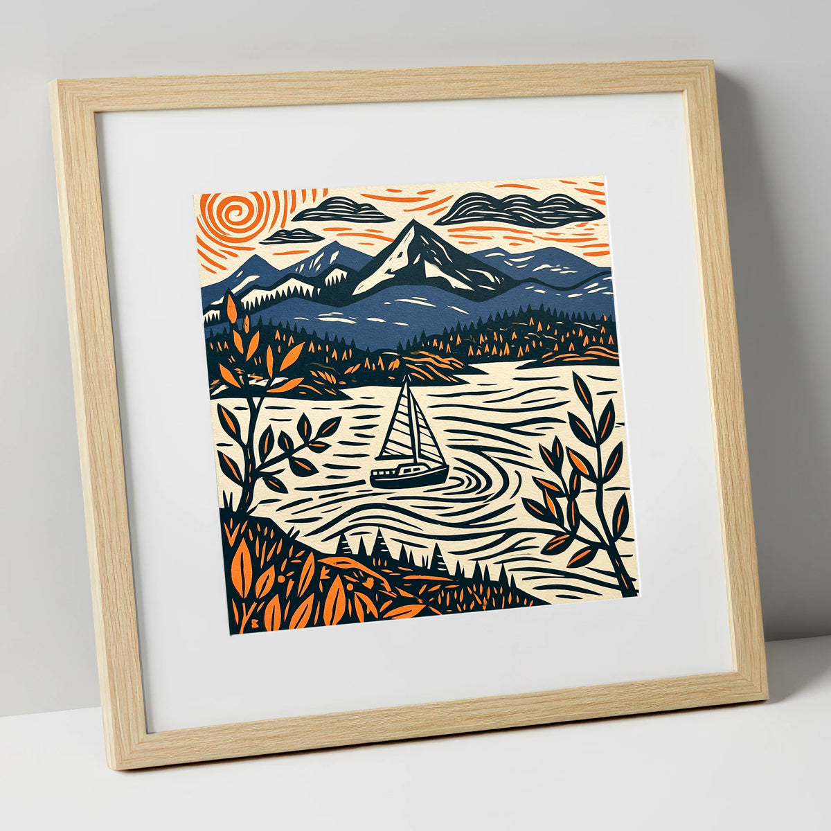 Navy and Orange Windermere Sailboat lake district lake art print in natural frame