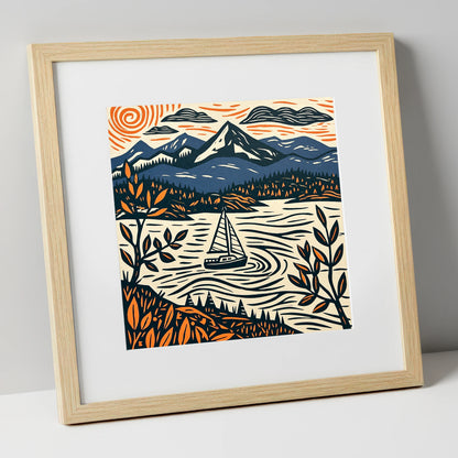 Navy and Orange Windermere Sailboat lake district lake art print in natural frame
