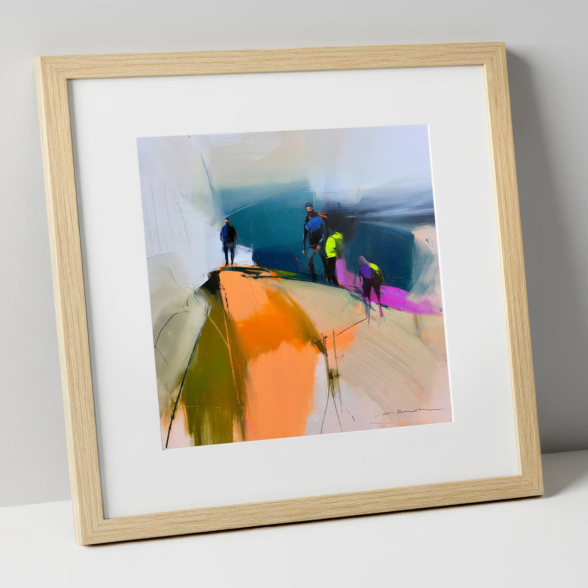 Vibrant Hikers on a Fell Top lake district fell art print in natural frame