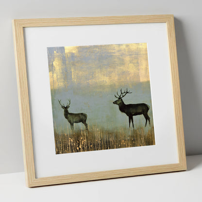Red Deer in Slate and Gold lake district wildlife art print in natural frame