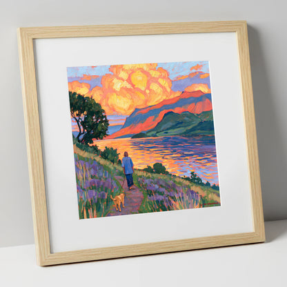 Vibrant Ullswater Evening Dog Walk gifts for dog walkers art print in natural frame