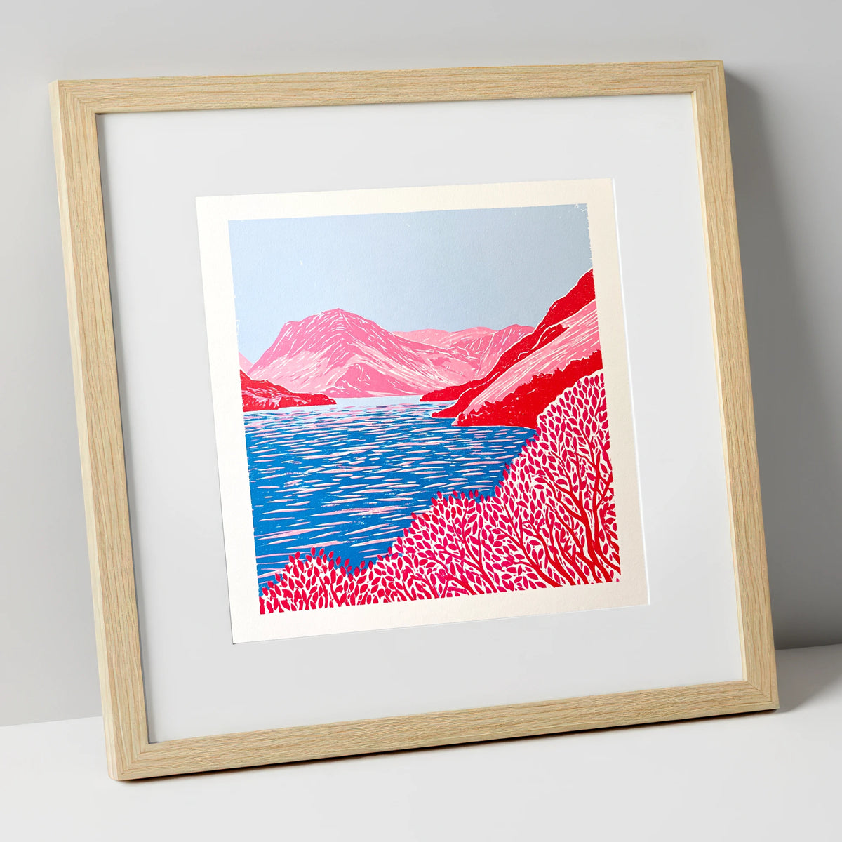 Vibrant Red Crummock Water lake district lake art print in natural frame