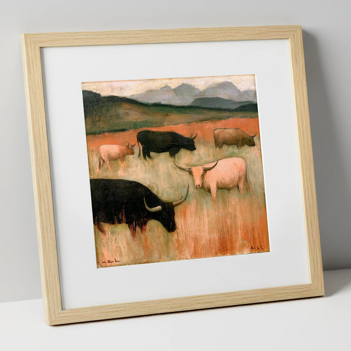 Highland Cattle on Warm Fells lake district wildlife art print in natural frame