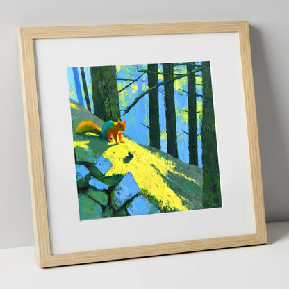 Red Squirrel in Sunlit Woodland lake district wildlife art print in natural frame
