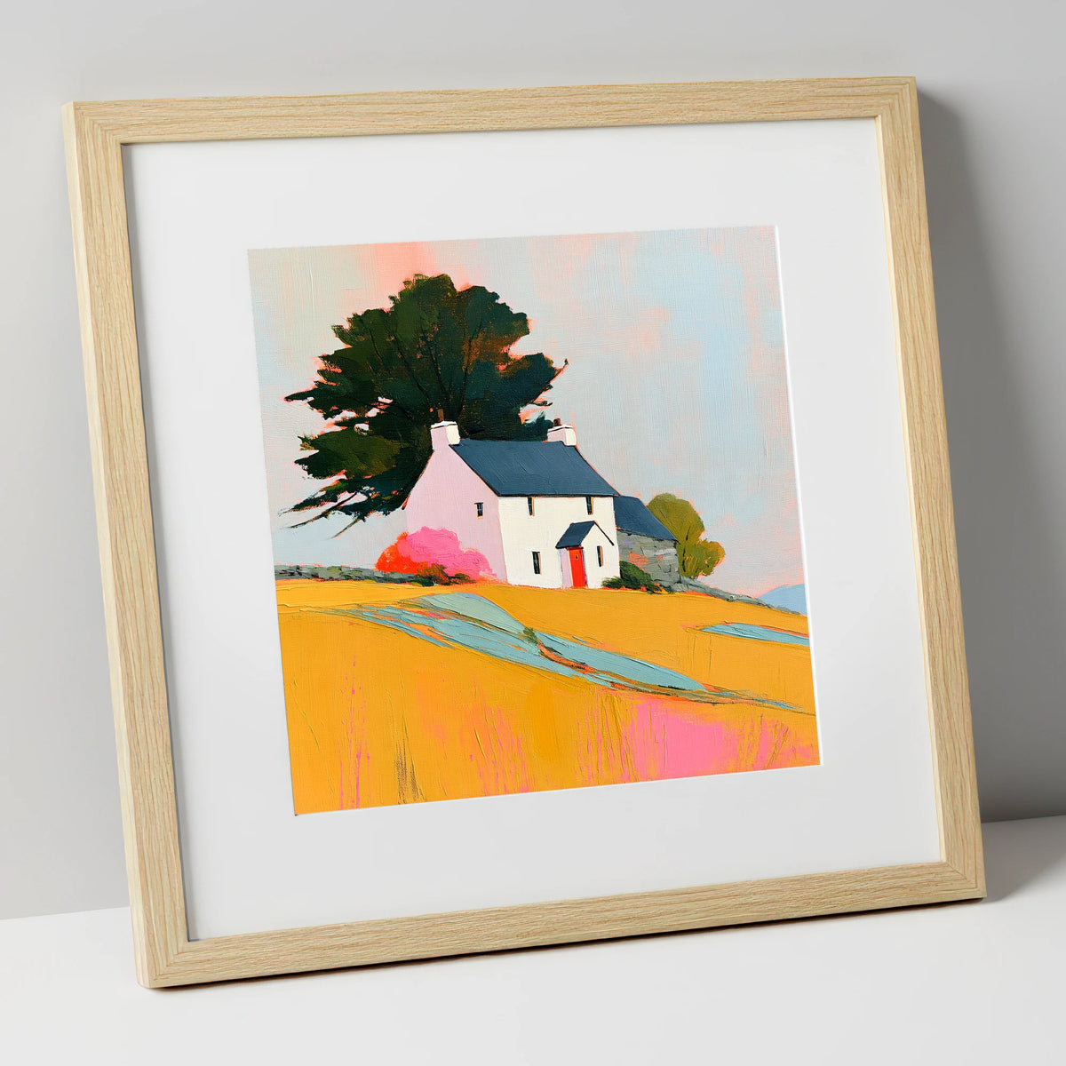 White Stone Cottage in Golden Fields lake district village art print in natural frame