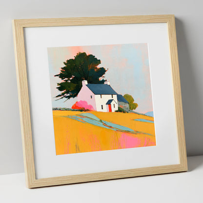 White Stone Cottage in Golden Fields lake district village art print in natural frame
