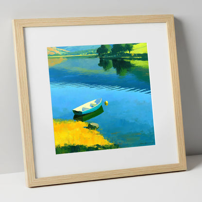 Blue Rowing Boat on Luminous Water lake district lake art print in natural frame