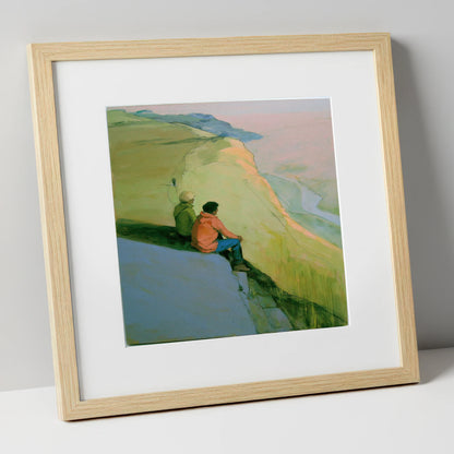 Fell Walkers Above the Valley lake district fell art print in natural frame