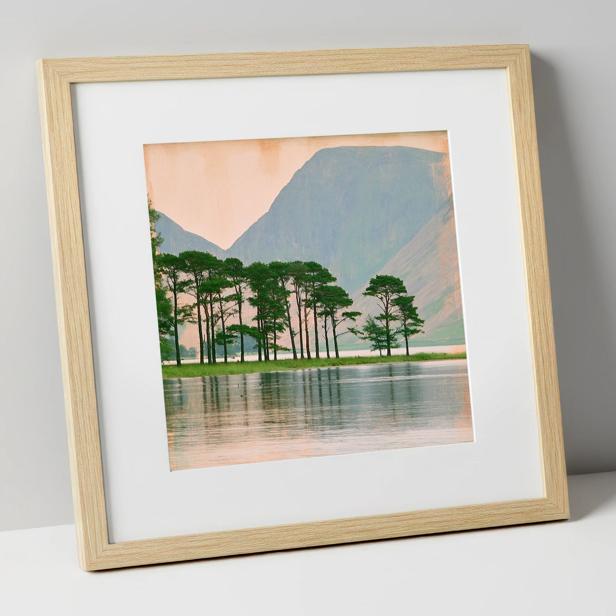 Buttermere Pines in Still Water lake district lake art print in natural frame