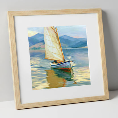 Sailing Boat on Golden Water lake district walking art print in natural frame